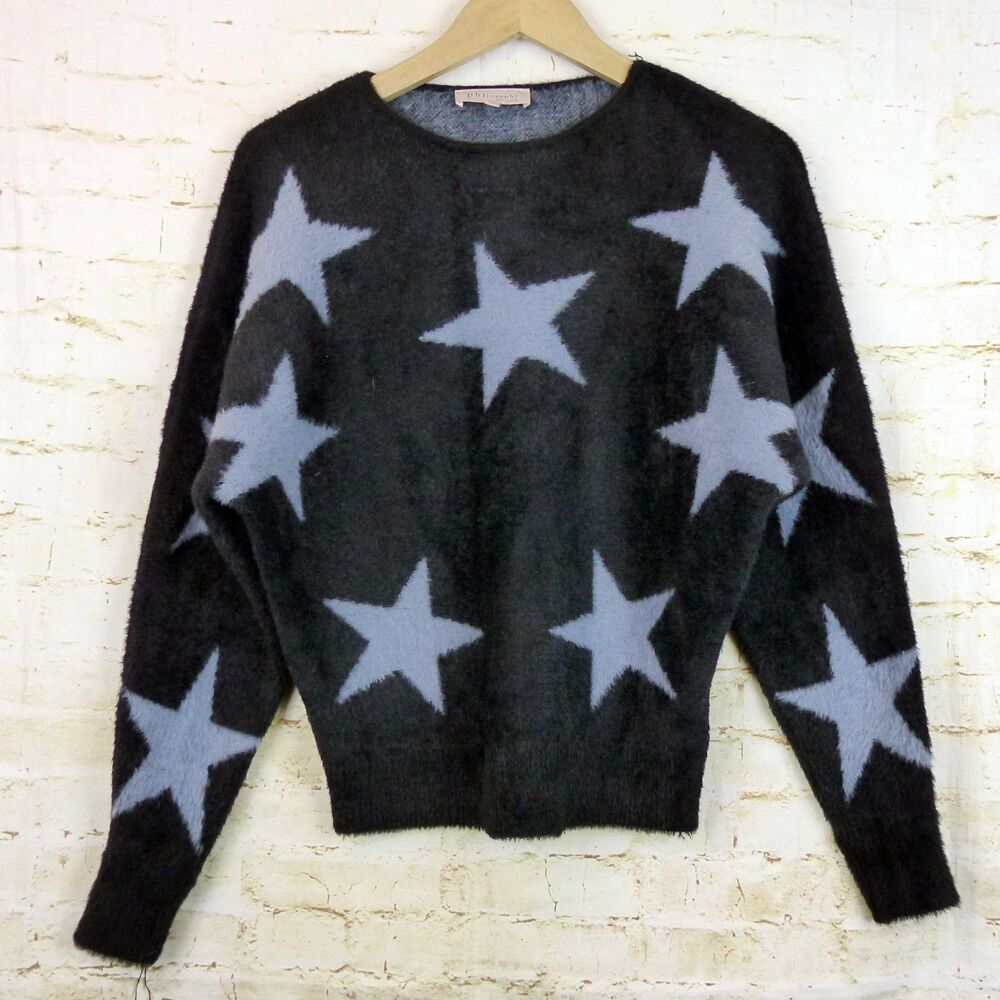 Philosophy Sweater Womens M Black Star Fuzzy Plush Pullover Lounge Goth FLAW